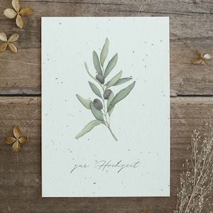 Einpflanzbare Hochzeitskarte aus handgeschöpftem Saatpapier | Karte Olivenzweig | Glückwunsch zur Hochzeit | Samenpapier-Karte
