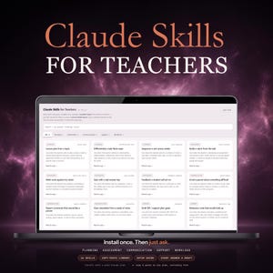 Könnte beinhalten: Ein Laptop-Bildschirm mit der Benutzeroberfläche Claude Skills for Teachers, die ein Raster aus Anleitungskarten für Unterrichtsplanung, Bewertung und Kommunikation zeigt. Der Text enthält Kategorien wie Planning, Assessment, Communication, Support und Workload.