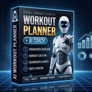 May include: A black digital product box for an Excel and Google Sheets workout planner with an AI coach. The box features a white robot holding a dumbbell, text reading WORKOUT PLANNER + AI COACH, and icons for progressive overload, logs, and charts.