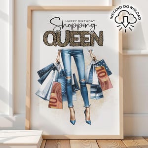 Geburtstag Shopping Queen Printable | Geldgeschenk für Sie | Sofortdownload | A4 & US Letter-Größe | Lustige Geburtstagskunst | Mode Wandkunst