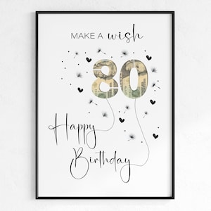 Geldgeschenk zum 80er Jahre Geburtstag | Geldgeschenk | Geburtstagskarte | sofort digitaler Download | PDF | Cash Bilderrahmen | Wünsch dir was