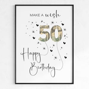 Cadeau 50e verjaardag diy met geld | geld cadeau | Verjaardagskaart | digitale download | PDF | fotolijst voor contant geld | Doe een wens