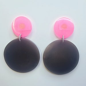 Big Grey and Pink Circle Drop Earrings. Lightweight. Funky, Colorful and Bold color blocked acrylic earrings.