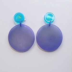 Big Transparent Purple and Blue Circle Drop Earrings. Lightweight. Funky, Colorful and Bold color blocked acrylic earrings.