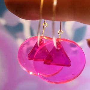Pink Transparent Circle and Triangle Acrylic, Sterling Silver Hoop Earrings. Lightweight. Your ultimate statement earring!