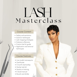 Könnte beinhalten: Ein Werbeflyer für eine Wimpern-Masterclass von Beauté Affairs. Er zeigt eine Person im weißen Blazer, silberne Wimpernpinzetten und Text mit Details zu Kursinhalten, Merkmalen, den Daten vom 27. bis 29. Juni und einer Investition von 400 £.