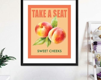 Take A Seat Sweet Cheeks Bathroom Poster, Funny Toilet Printable Poster, Retro Bathroom Wall Art, Peach Art Print, Bathroom Print
