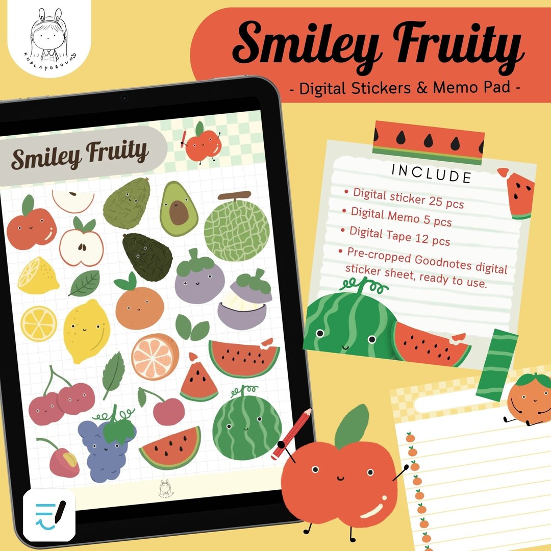 Sticker Frooty Smiley Fruity Digital Sticker and Memo Pad for Digital Planner. Pre ...