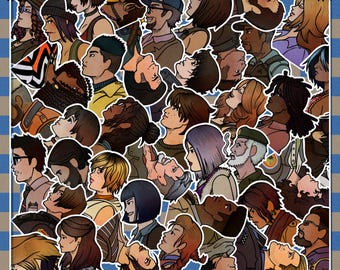 May include: A collage of numerous illustrated character portraits featuring diverse hairstyles, facial features, and expressions, arranged in a dense overlapping pattern against a blue and beige striped background with white corner icons.