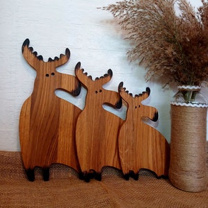 Three funny moose from the forest. Wooden Mooses Kit.  Wooden Moose Figurine. Carved Mooses. Rustic Wooden Moose Family.