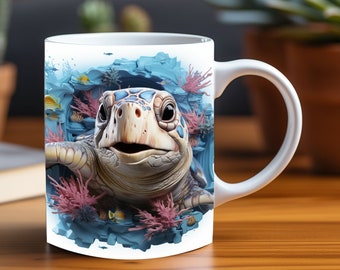 3D Captivating Sea Turtle in Coral Reef Cave Mug Wrap Design - Sublimation Print PNG 11oz & 15oz Coffee Cups, Perfect for Ocean Enthusiasts
