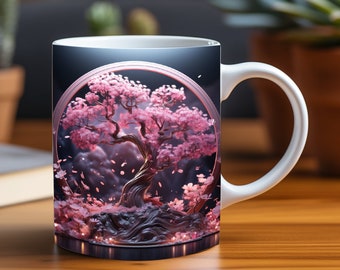3D Mug Wrap Pink Blossom Bonsai Elegance, Flowers Floral Mug Wrap Print 3D Coffee Cup 11 oz 15 oz Mug Sublimation PNG, Instant Download