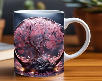 3D Mug Wrap Pink Blossom Bonsai Elegance With Few Butterflies Flower Print  3D Coffee Cup 11 oz 15 oz Mug Sublimation PNG, Instant Download