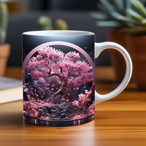 3D Mug Wrap Pink Blossom Bonsai Elegance, Flowers Floral Mug Wrap Print 3D Coffee Cup 11 oz 15 oz Mug Sublimation PNG, Instant Download