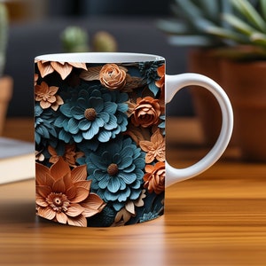 Peut inclure: Une tasse en céramique blanche avec un motif floral. Le motif présente de grandes fleurs en papier bleues et orange.