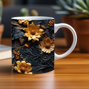 Peut inclure: Une tasse en céramique blanche avec un motif floral noir et or. Les fleurs sont stylisées et ont un effet 3D. La tasse a une anse blanche.