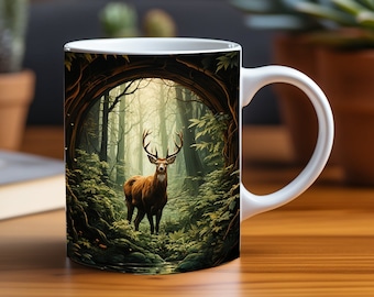 Mug Wrap Design 3D Deer in Forest Tunnel Oil Painting, 3D Stag in Woods Coffee Cup, 3D Mug 11 oz 15 oz Mug Sublimation Png, Instant Download