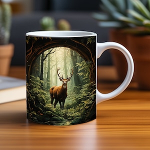 Mug Wrap Design 3D Deer in Forest Tunnel Oil Painting, 3D Stag in Woods Coffee Cup, 3D Mug 11 oz 15 oz Mug Sublimation Png, Instant Download