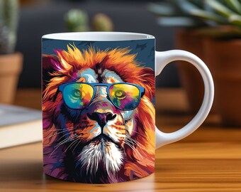 3D Playful Lion Wearing Colorful Sunglasses Mug Wrap Design - Sublimation Print PNG for 11oz & 15oz Coffee Cups, Perfect for Lion Lovers