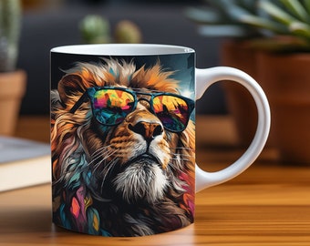 3D Playful Lion Wearing Colorful Sunglasses Mug Wrap Design - Sublimation Print PNG for 11oz & 15oz Coffee Cups, Perfect for Lion Lovers