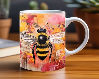 3D Mug Wrap PNG Bee With Pink Flowers On Honeycomb Pattern Brushwork Graffiti Design,Coffee Cup 11 oz 15 oz Mug Sublimation Instant Download
