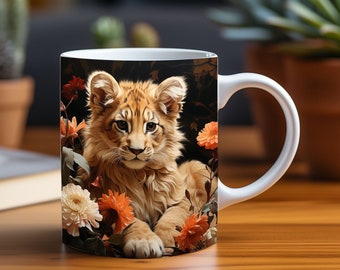 Adorable 3D Lion Cub Amidst Flower Petals Mug Wrap Design - Sublimation Print PNG for 11oz & 15oz Coffee Cups, Ideal for Lion Enthusiasts