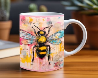 3D Mug Wrap PNG Bee On Yellow And Pink Background Spray Paint Design, Bees Graffiti,Coffee Cup 11 oz 15 oz Mug Sublimation Instant Download