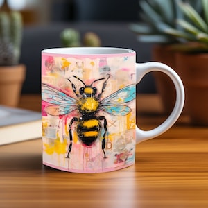 3D Mug Wrap PNG Bee On Yellow And Pink Background Spray Paint Design, Bees Graffiti,Coffee Cup 11 oz 15 oz Mug Sublimation Instant Download