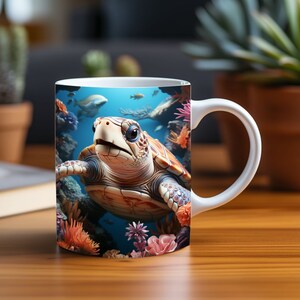 Captivating 3D Babe Sea Turtle in Coral Reef Cave Mug Wrap Design,Sublimation Print PNG 11oz & 15oz Coffee Cup,Perfect for Ocean Enthusiasts