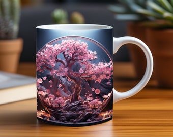 3D Pink Blossom Bonsai Elegance Mug Wrap, Flowers Floral Mug Wrap Print 3D Coffee Cup 11 oz 15 oz Mug Sublimation PNG, Instant Download