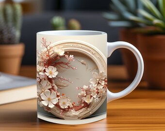 3D Watercolor Spring Flower Wreath Mug Wrap, Flowers Roses Lilies Peonies Print Coffee Cup 11 oz 15 oz Mug Sublimation PNG, Instant Download
