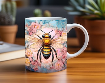 3D Mug Wrap PNG Bee With Pink And White Flowers Hole In Honeycomb Pattern Design, 3D Coffee Cup 11 oz 15 oz Mug Sublimation Instant Download