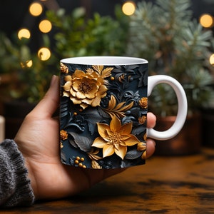 Peut inclure: Une tasse en céramique blanche avec un motif floral noir et or. Les fleurs sont en 3D et ont un aspect texturé. La tasse est parfaite pour ajouter une touche d'élégance à votre café ou votre thé du matin.