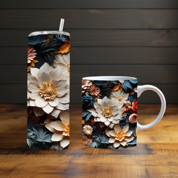 Elegant 3D Floral with Luxurious Leather Texture Background -Sublimation Print Wraps PNG for Mugs & Skinny Tumblers (11oz, 15oz, 20oz, 30oz)