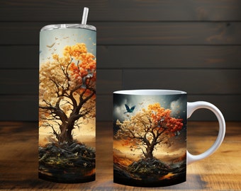 Nature Harmony Sublimation Design for Mugs & Tumblers - 3D Tree and Birdlife Wrap (11oz, 15oz, 20oz, 30oz)