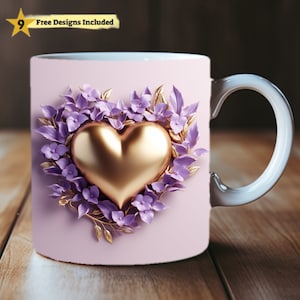 3D Golden Heart and purple flowers Mug Wrap, 3D Love 11oz and 15oz Mug Template, Sublimation Design Mug Wrap Template PNG Digital Download