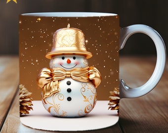 3D Gold Snowman Mug Wrap Sublimation Design PNG, 11oz and 15oz Coffee Cup Template, Unique 3D Snowman Mug Press Design, Perfect Winter Mug
