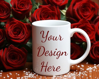 Weiße Tasse Mockup auf Holztisch mit Rosen | Kaffeetasse Mockup | Tassen Mockups Sublimation Png Digitaler Download