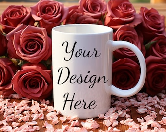 White Ceramic Mug Mockup on Wooden Table with Pink Roses | Coffee Cup Mockup | Mugs Mockups Sublimation Png Digital Download