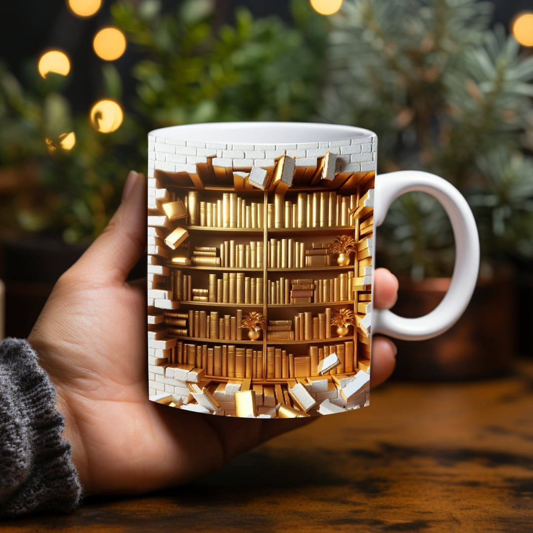 3D Effect Realistic Books Mugs, Book Lover Gift, Book Lover Mug, Golden