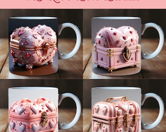 3D Love Bundle Wrap, 3D Heart Treasure Box Mug Sublimation, 11oz Mug Png, 11oz And 15 Oz Mug PNG, 15oz Mug PNG, Hearts Mug Bundle