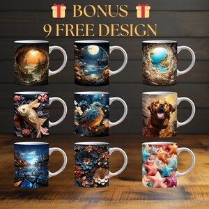 May include: Nine white ceramic mugs with various designs are displayed. The designs include landscapes, a koi fish, a bird, a dog, and floral patterns. The text "BONUS 9 FREE DESIGN" is at the top of the image.
