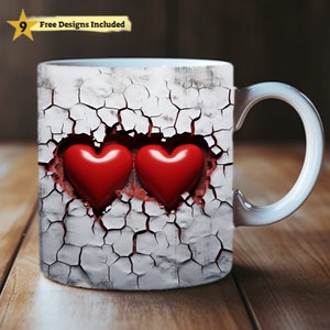 3D Red Heart Mug Wrap, 3D Love 11oz and 15oz Mug Template, Mug Sublimation Design Mug Wrap Template PNG Digital Download