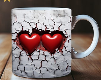 3D Red Heart Mug Wrap, 3D Love 11oz and 15oz Mug Template, Mug Sublimation Design Mug Wrap Template PNG Digital Download