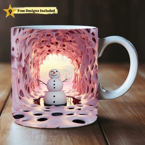 3D Snowman Pink Hole In A Wall Mug Wrap 11oz & 15oz Mug Template, 3D Mug Sublimation Design Mug Wrap Template PNG Instant Digital Download