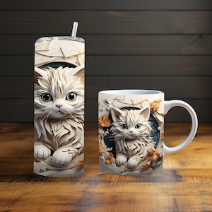 Esculturas de papel con diseño de gatos en 3D extravagantes en marco circular: envolturas con impresión por sublimación PNG para tazas y vasos delgados (11 oz, 15 oz, 20 oz, 30 oz)