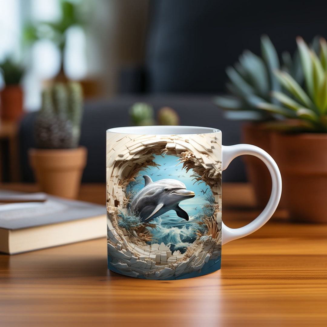 Joyful 3D Dolphin Jumping Through Wall Hole Mug Wrap Design,for Ocean