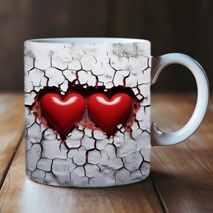 3D Heart Mug Wrap Bundle, 3D Love Mug Sublimation, 11oz Mug Png, 11oz And 15 Oz Mug Png, 15oz Mug PNG, Heart Hole in a Wall Mug Bundle