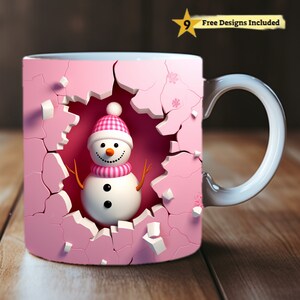 3D Snowman Pink Hole In A Wall Mug Wrap 11oz & 15oz Mug Template, 3D Mug Sublimation Design Mug Wrap Template PNG Instant Digital Download