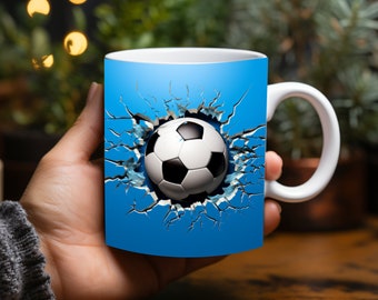 Voetbalmok, 3D blauwe voetbal theekopje, WK- en EK-koffiemokken, handgemaakte 11oz 15oz keramische mok, voetballiefhebbers, kindervoetbalcadeau